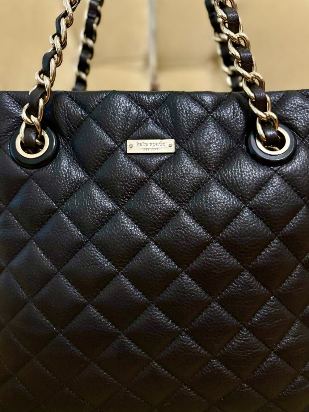 VTG Auth KATE SPADE Large Diamond Quilted Leather Shopper Tote Satchel Bag - Picture 2 of 7